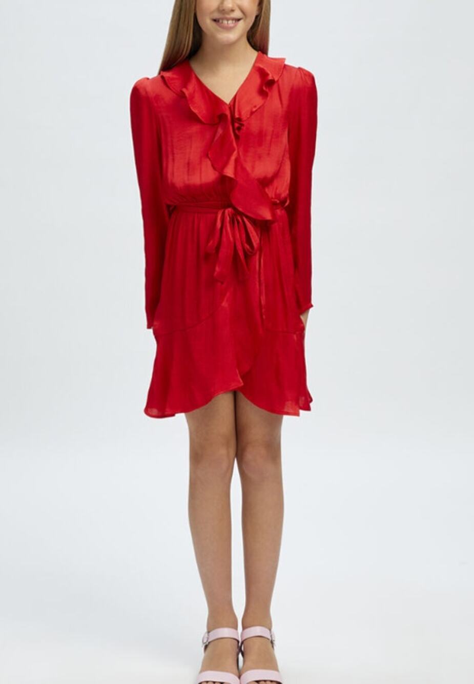 BARDOT Girl's Winona Wrap Dress Size 14 Fire Red Long Sleeve Ruffle NWT
